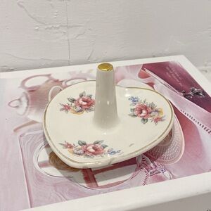 Vintage Porcelain Floral Heart Shaped Ring Holder Dish with Gold Gilding